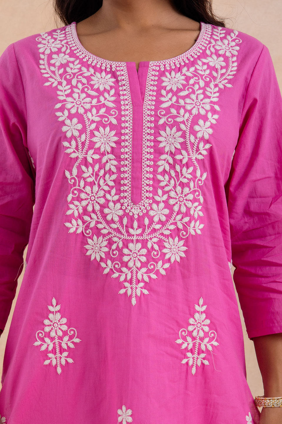 Pink Cotton Embroidered Straight Kurta