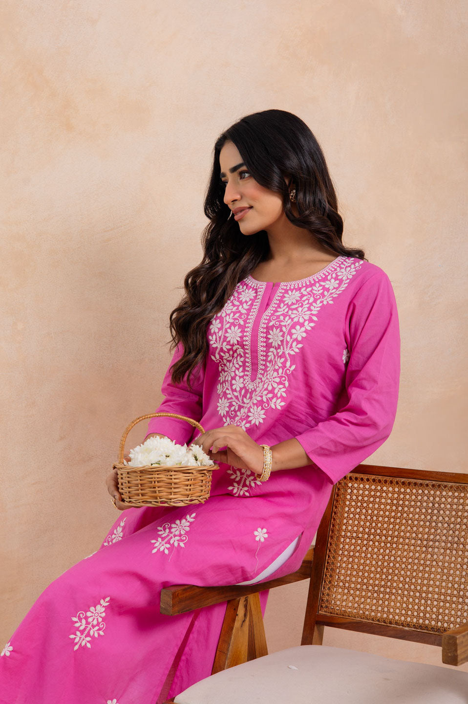 Pink Cotton Embroidered Straight Kurta
