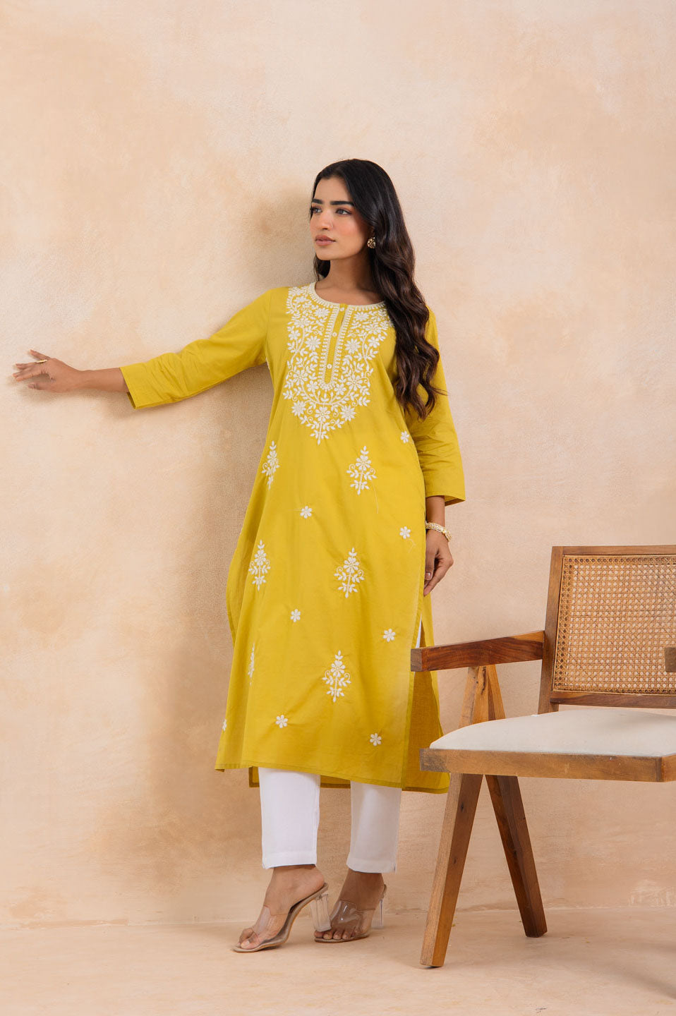 Mustard Yellow Cotton Embroidered Straight Kurta