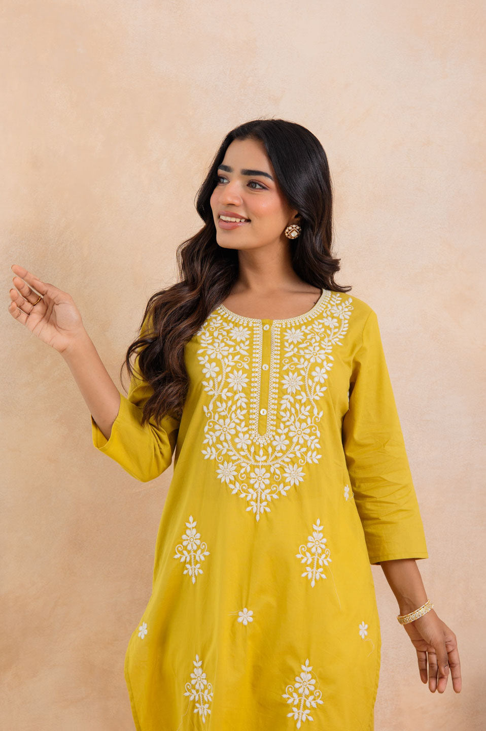 Mustard Yellow Cotton Embroidered Straight Kurta
