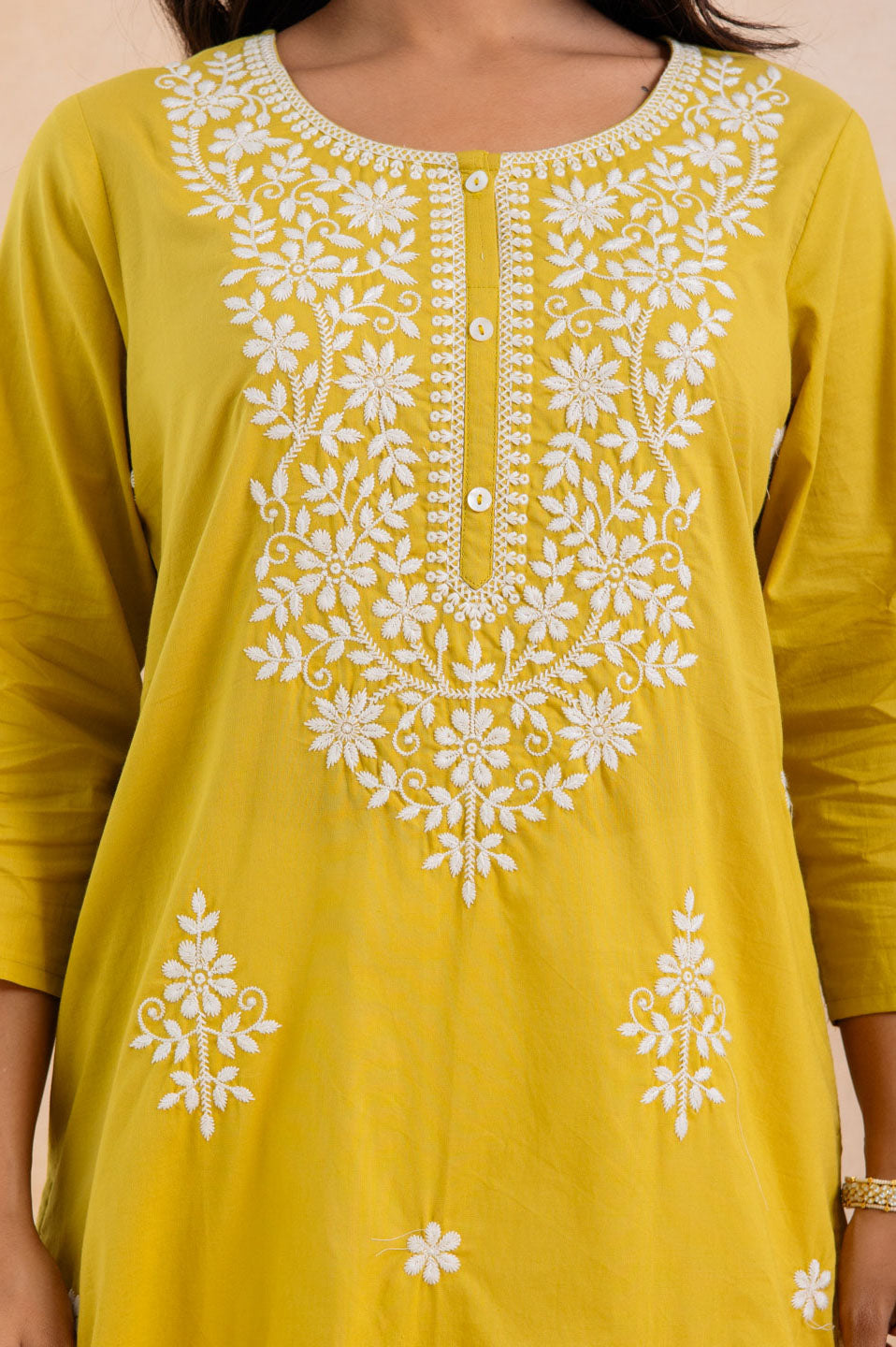 Mustard Yellow Cotton Embroidered Straight Kurta