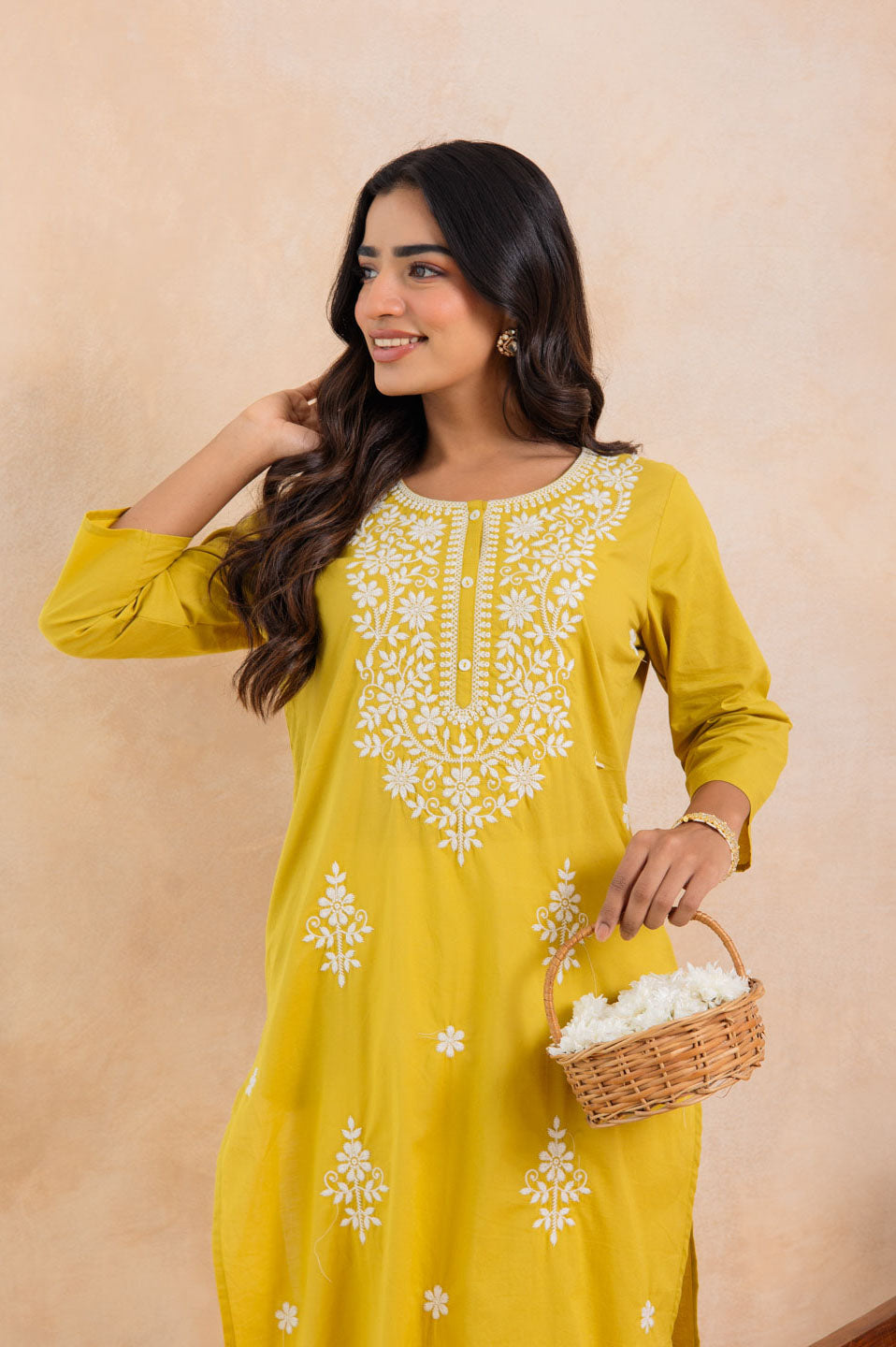Mustard Yellow Cotton Embroidered Straight Kurta