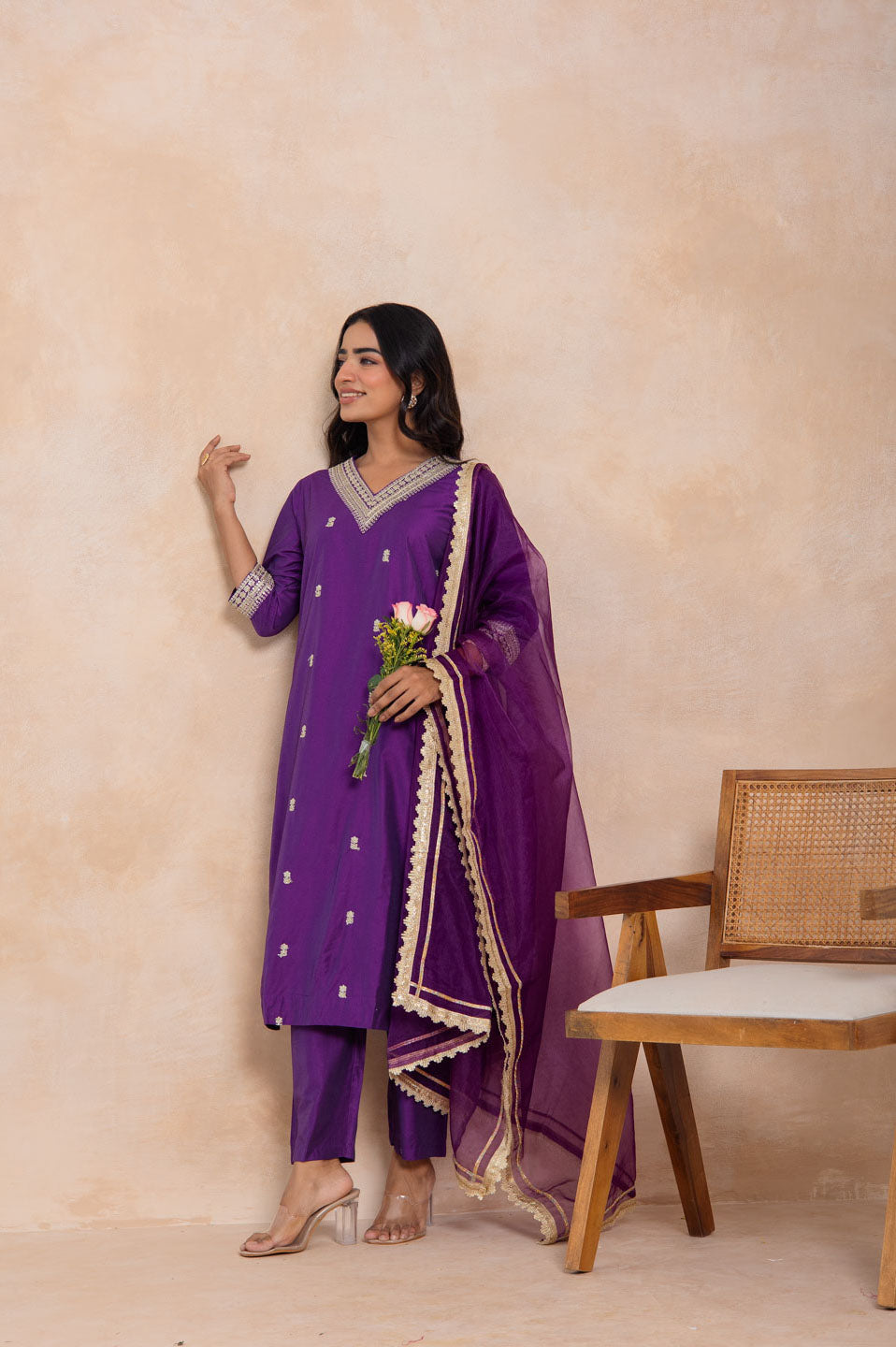 Purple Ghadwal V-Neck suit Set