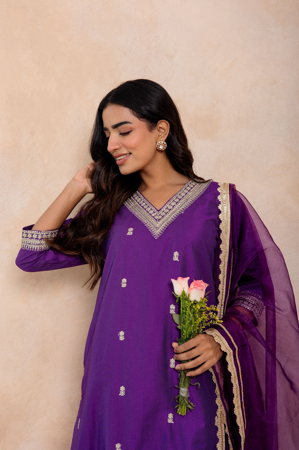Purple Ghadwal V-Neck suit Set