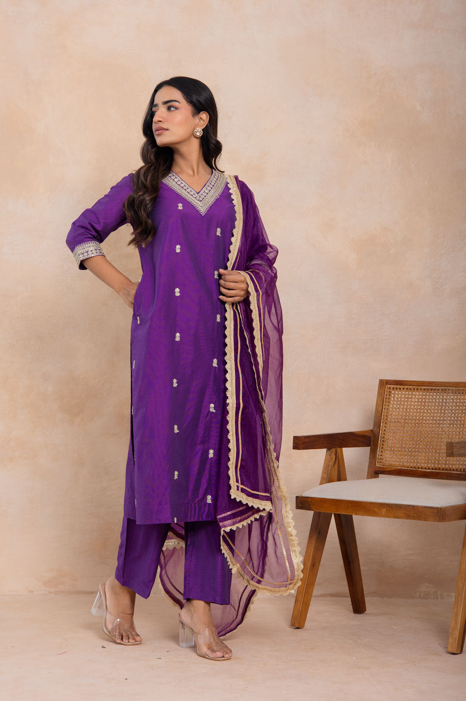Purple Ghadwal V-Neck suit Set