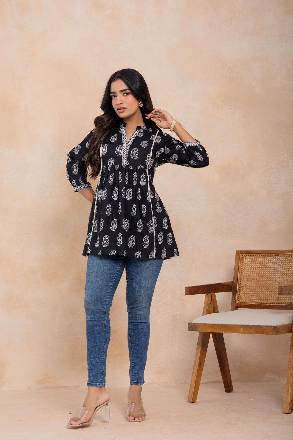Women’s Black Handblock Printed Cotton A-Line Top