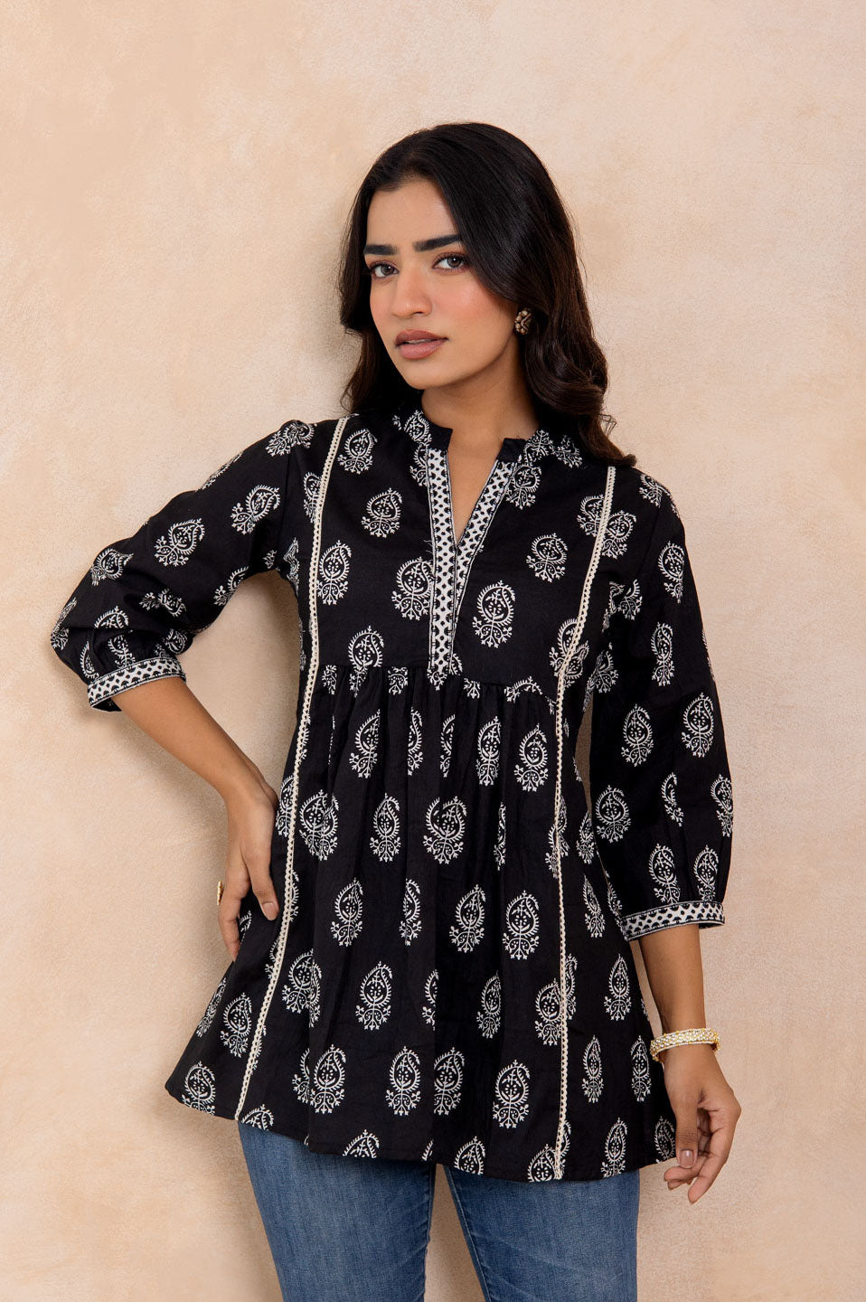 Women’s Black Handblock Printed Cotton A-Line Top
