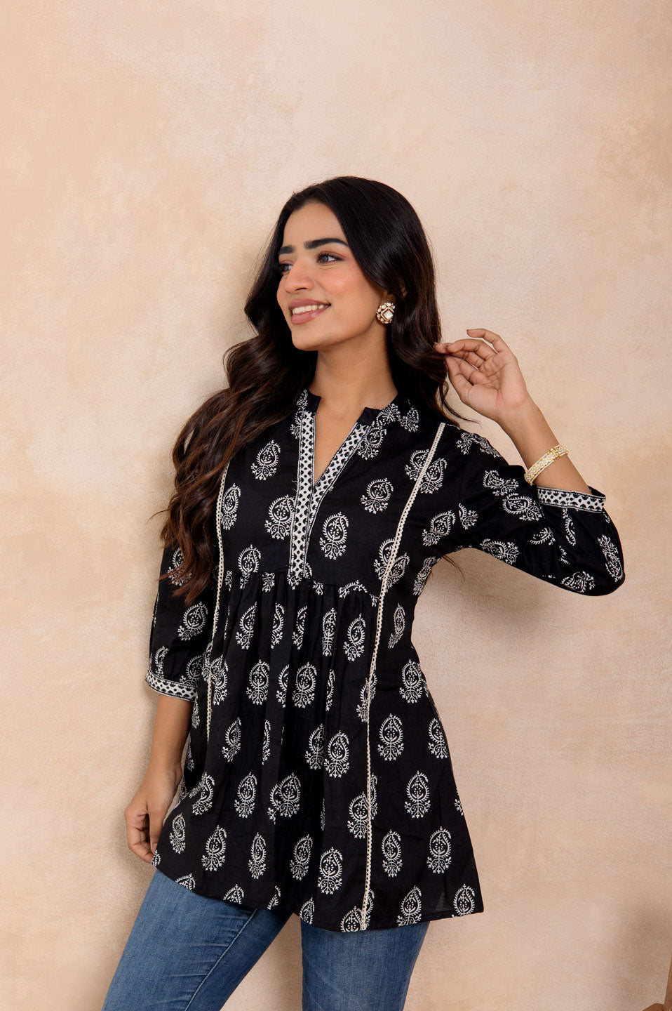 Women’s Black Handblock Printed Cotton A-Line Top