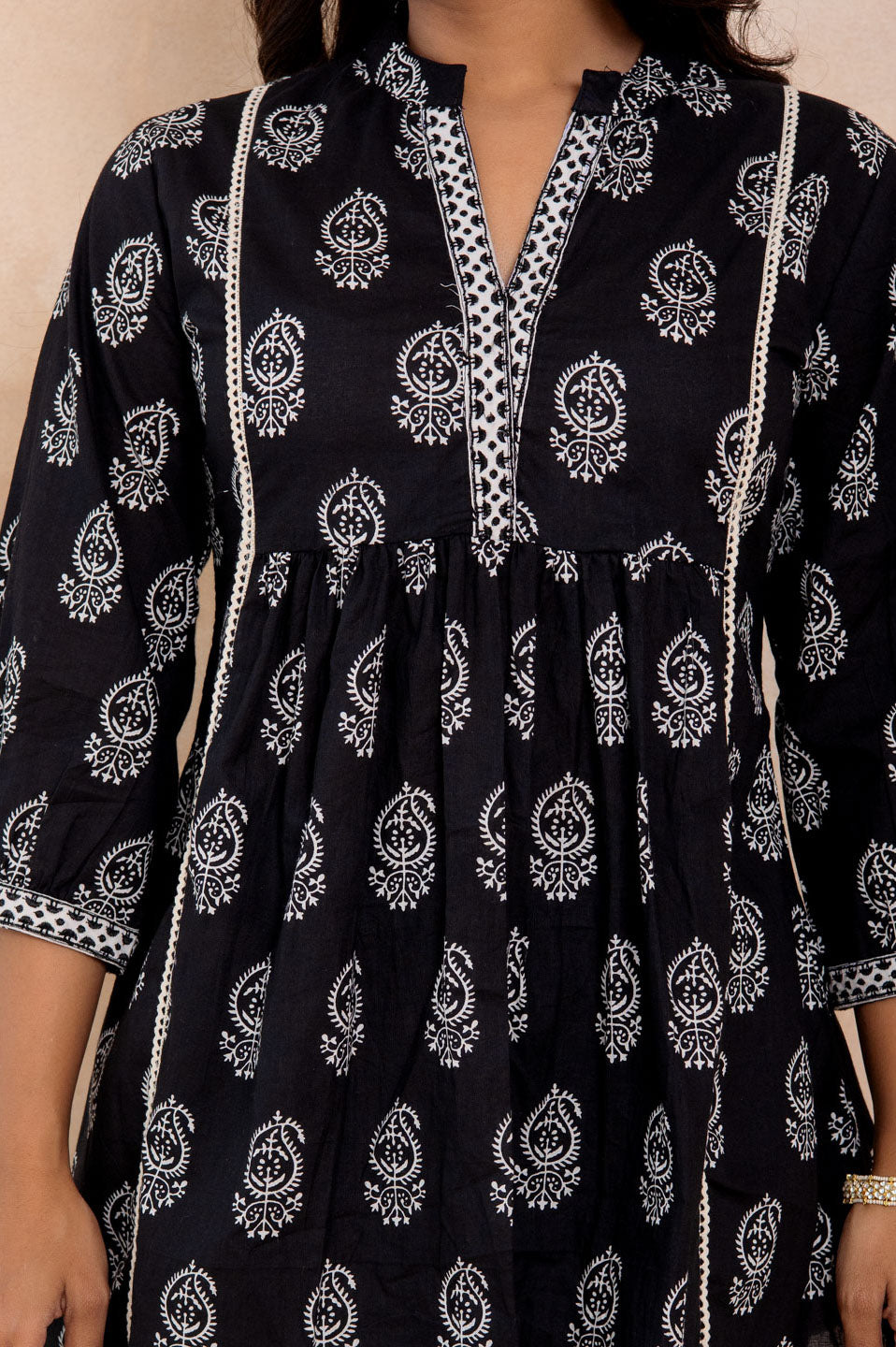 Women’s Black Handblock Printed Cotton A-Line Top