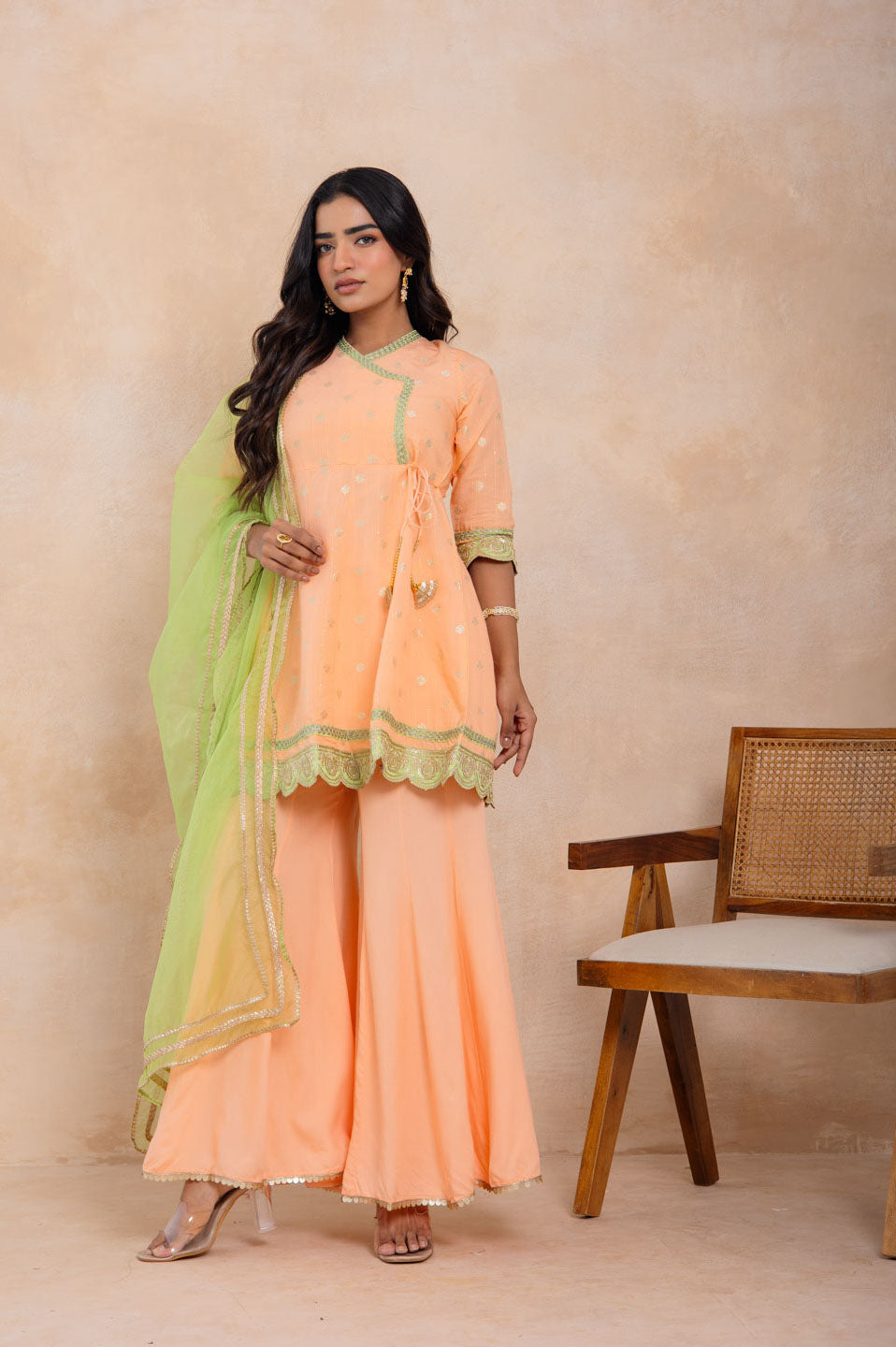 Peach Embroidered Sharara Set with Green Dupatta