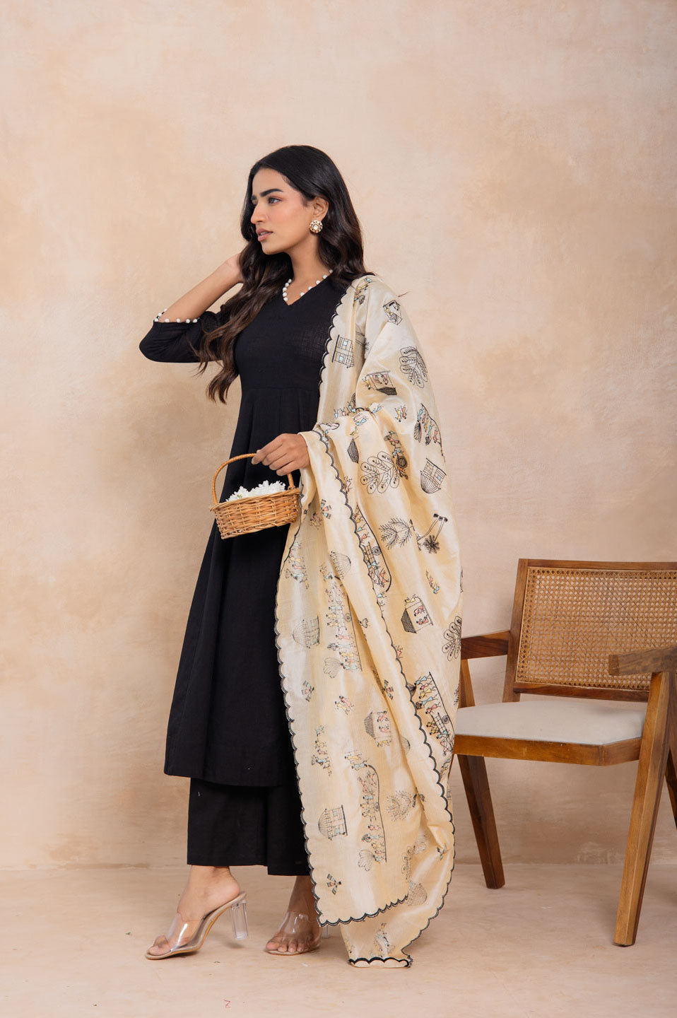 Black Flared Kurta Set with Printed Brocade Dupatta
