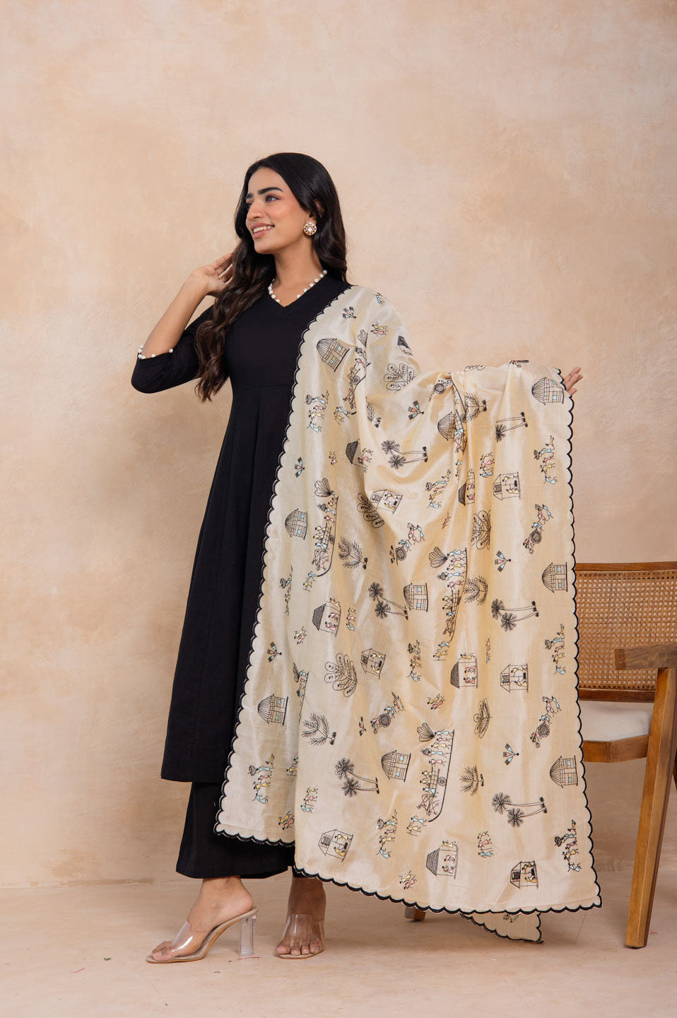 Black Flared Kurta Set with Printed Brocade Dupatta