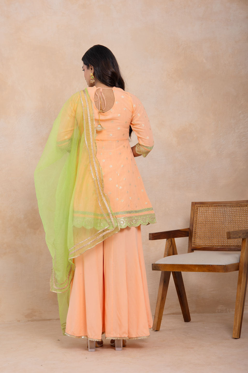 Peach Embroidered Sharara Set with Green Dupatta