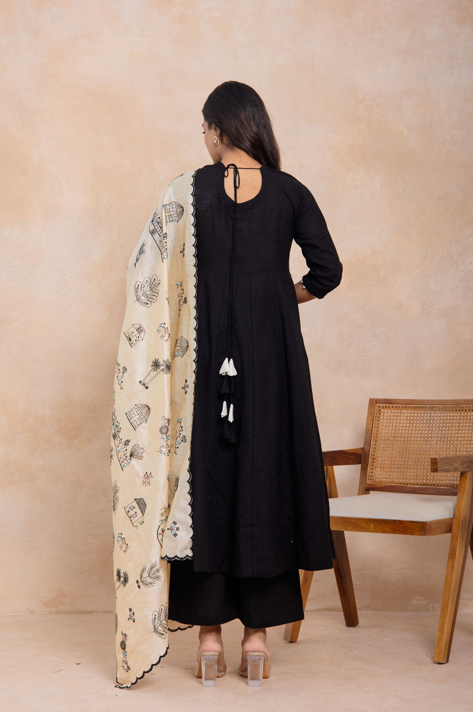 Black Flared Kurta Set with Printed Brocade Dupatta
