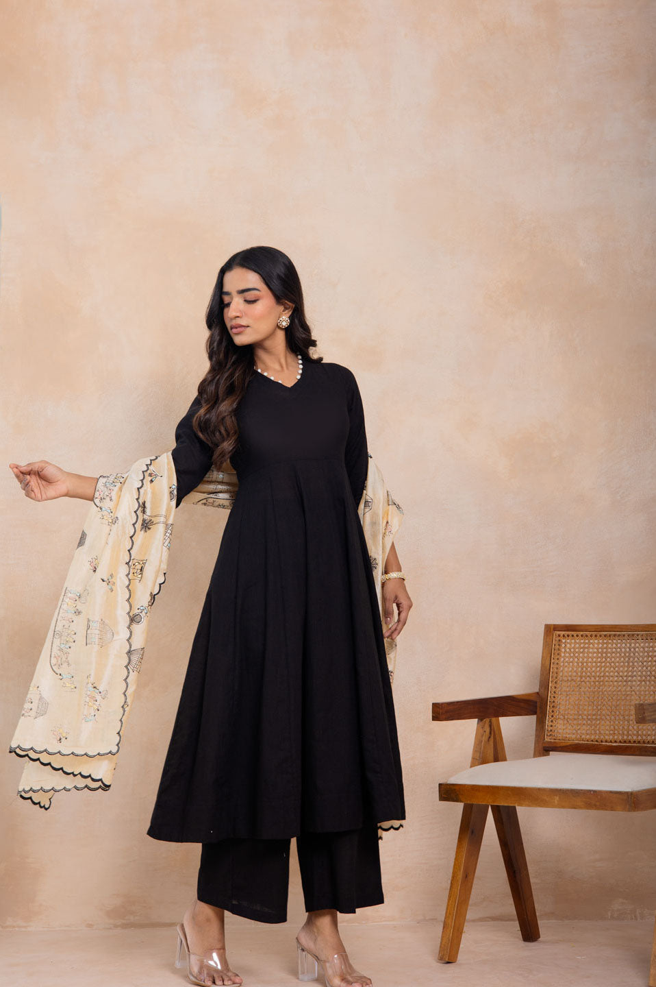 Black Flared Kurta Set with Printed Brocade Dupatta