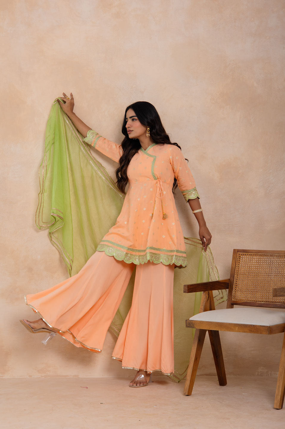 Peach Embroidered Sharara Set with Green Dupatta