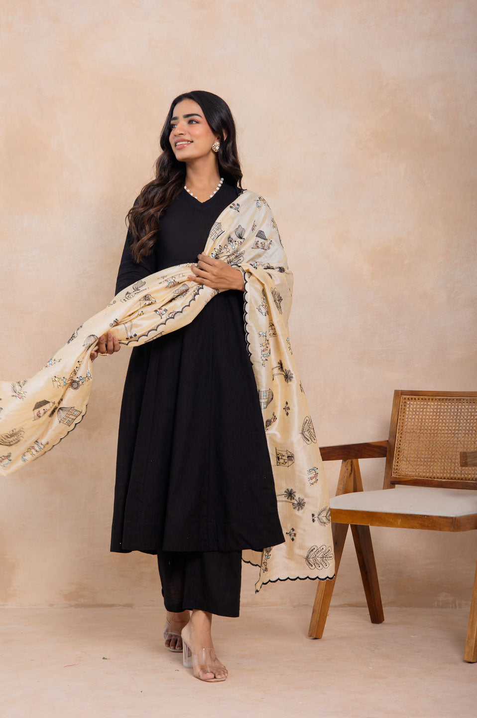 Black Flared Kurta Set with Printed Brocade Dupatta