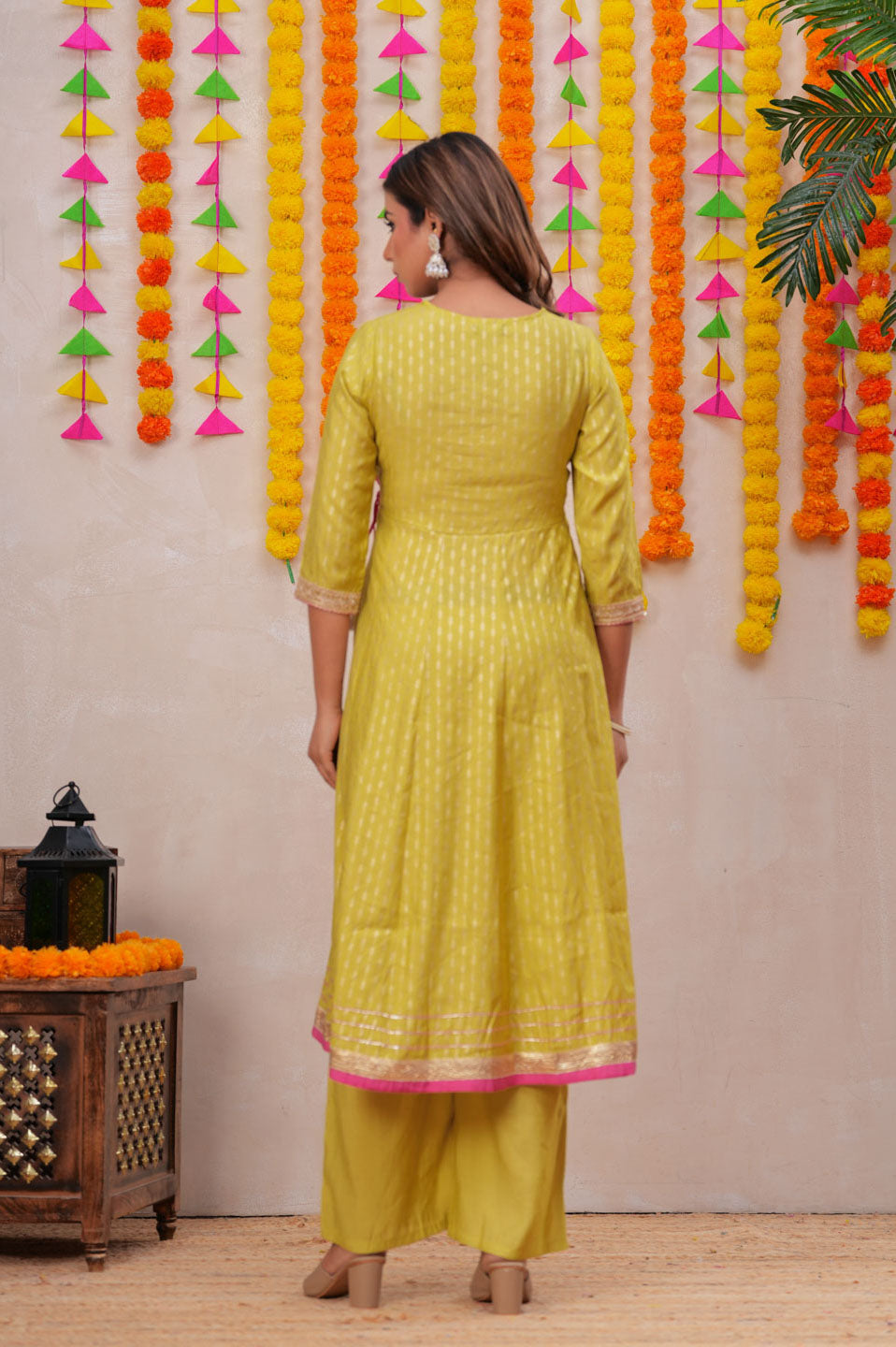 Lime Blend Angrakha Anarkali Set with Pink Dupatta