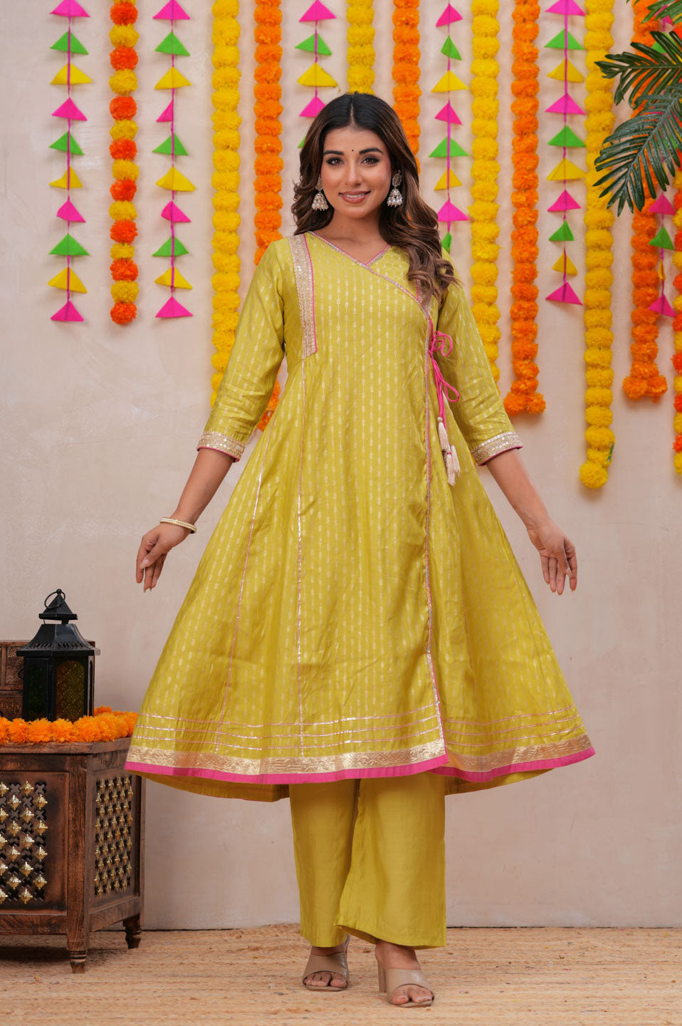 Lime Blend Angrakha Anarkali Set with Pink Dupatta