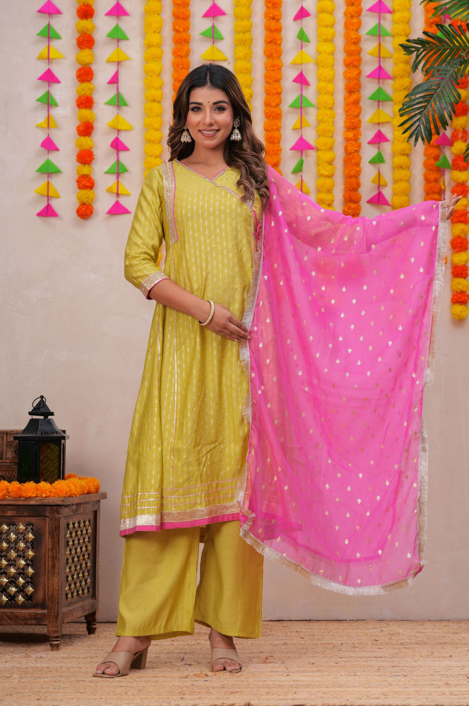 Lime Blend Angrakha Anarkali Set with Pink Dupatta