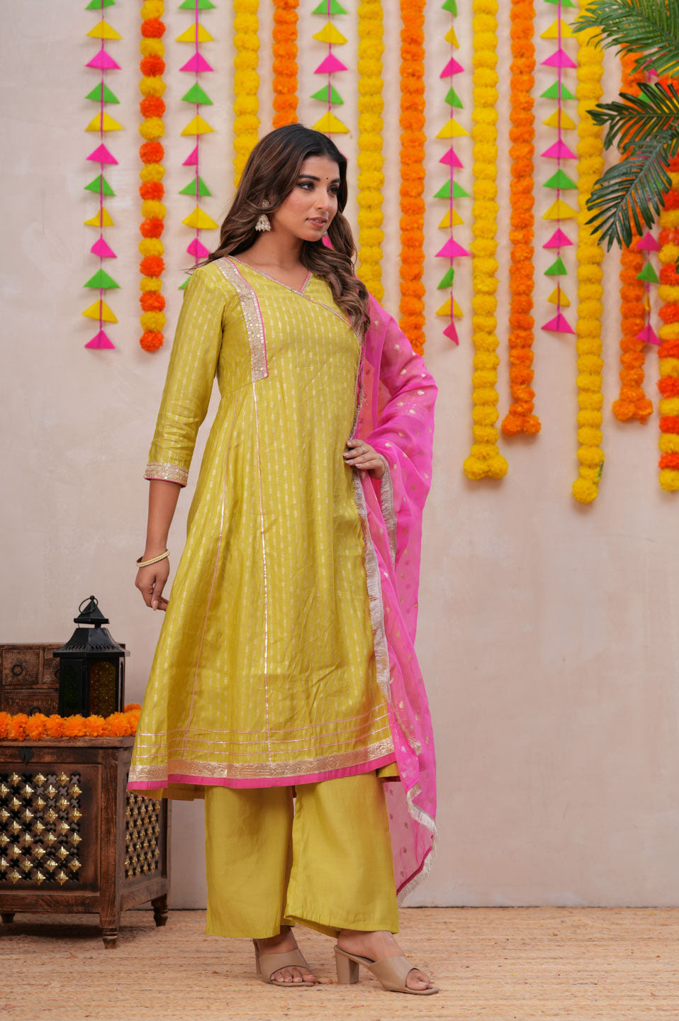 Lime Blend Angrakha Anarkali Set with Pink Dupatta