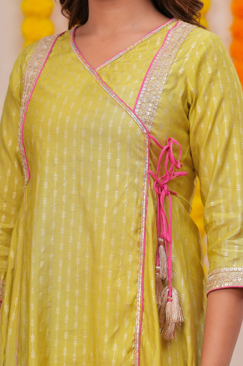 Lime Blend Angrakha Anarkali Set with Pink Dupatta