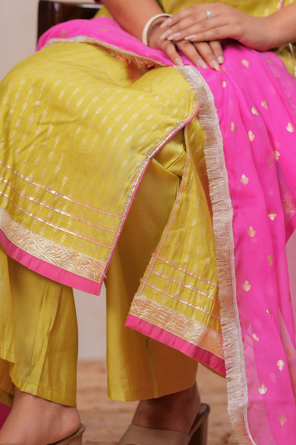 Lime Blend Angrakha Anarkali Set with Pink Dupatta