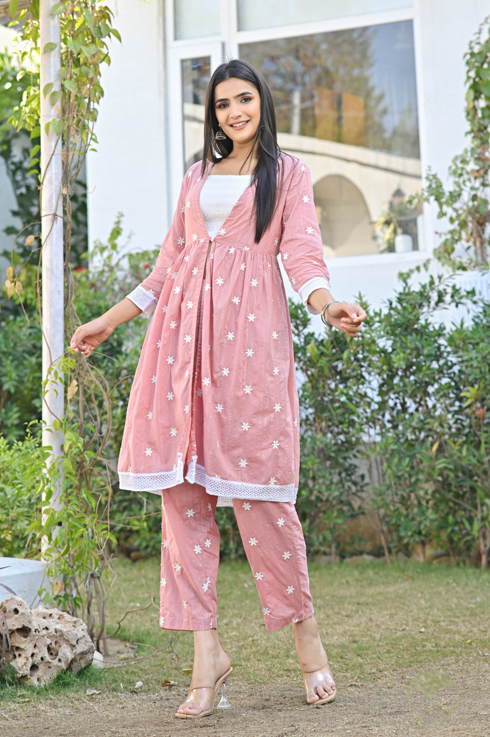 Peach Floral Cotton Dobby