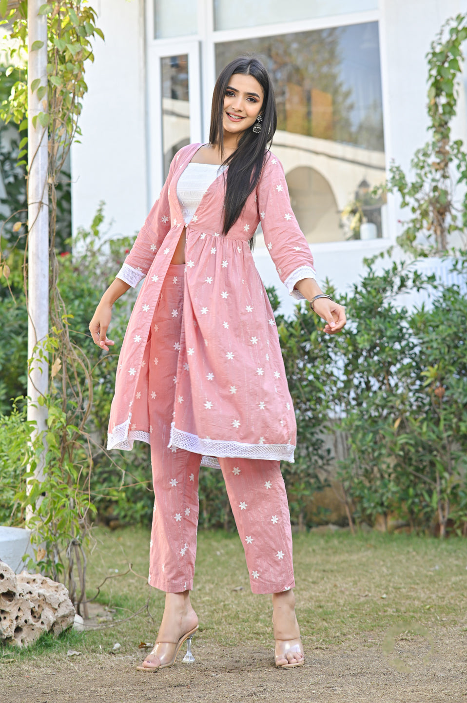 Peach Floral Cotton Dobby