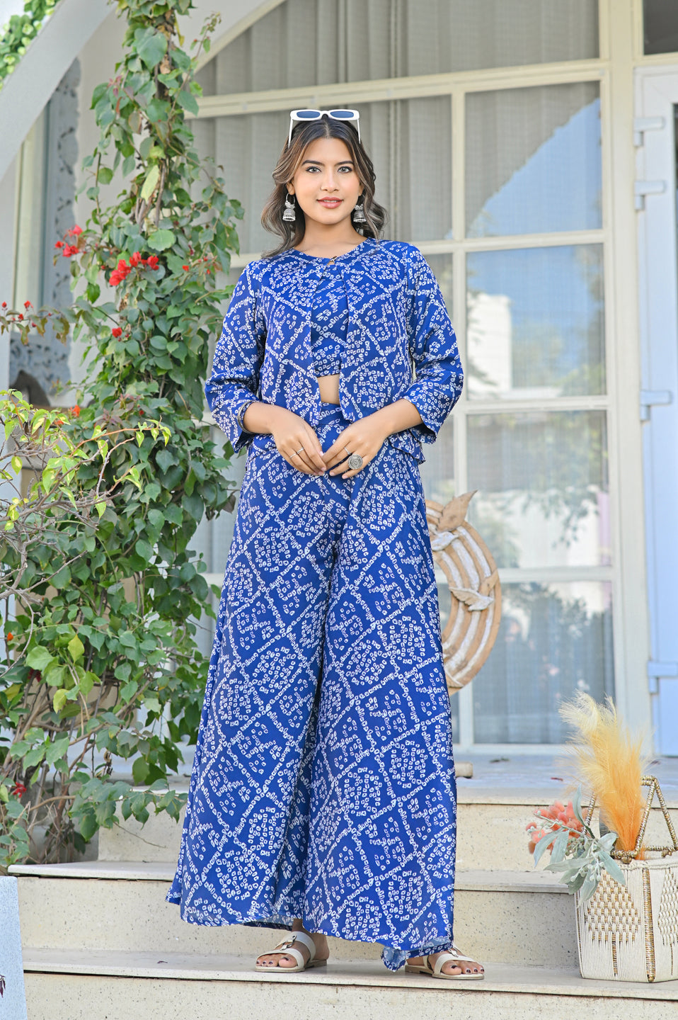 Blue Satin Bandhej Co-ord Set