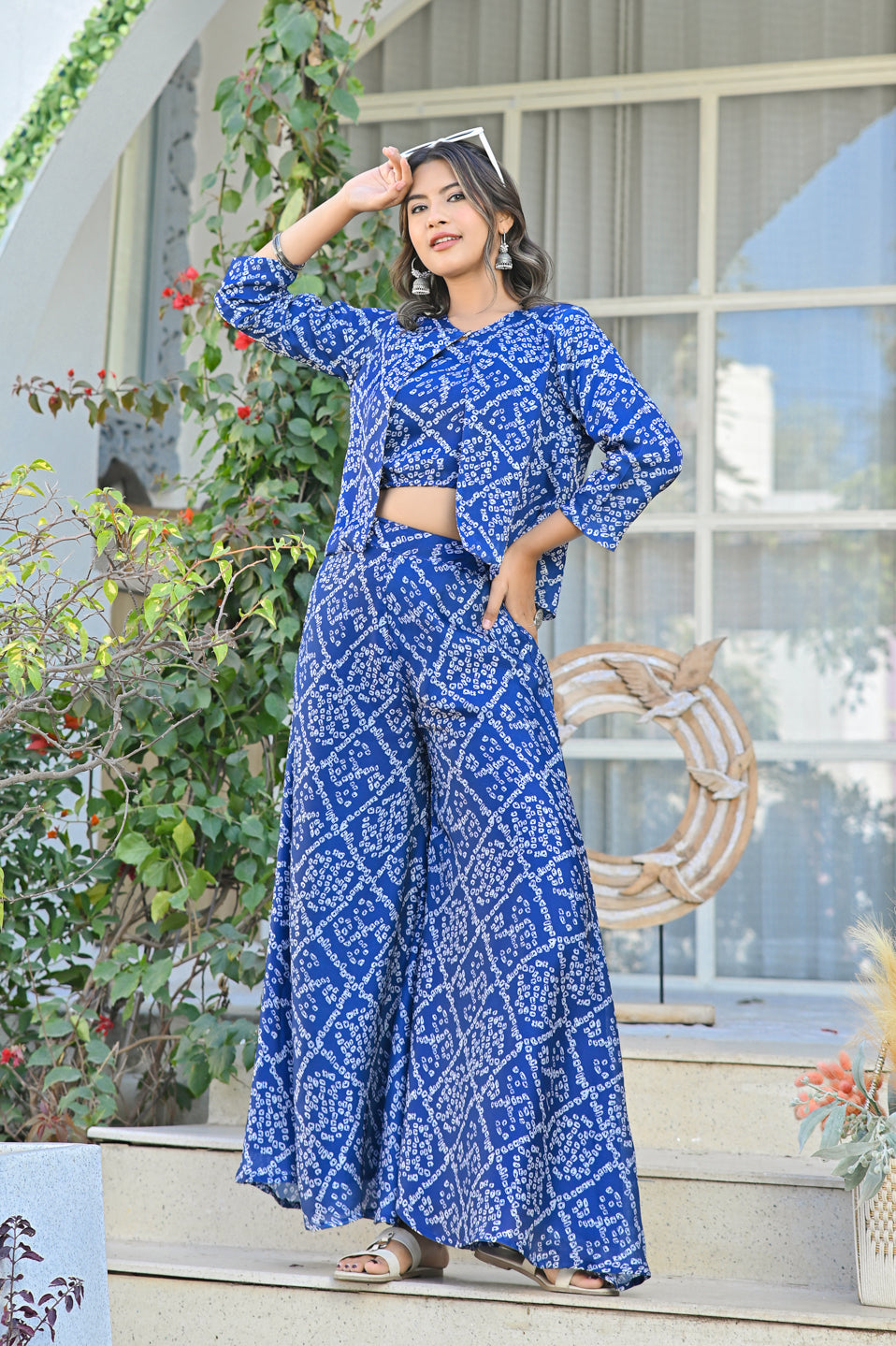 Blue Satin Bandhej Co-ord Set