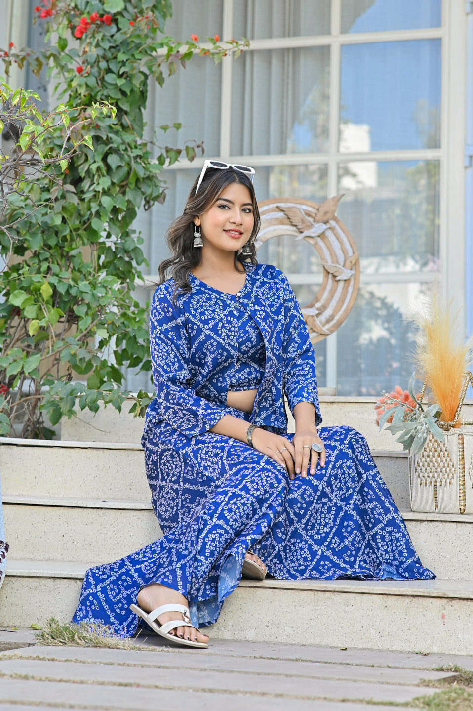 Blue Satin Bandhej Co-ord Set