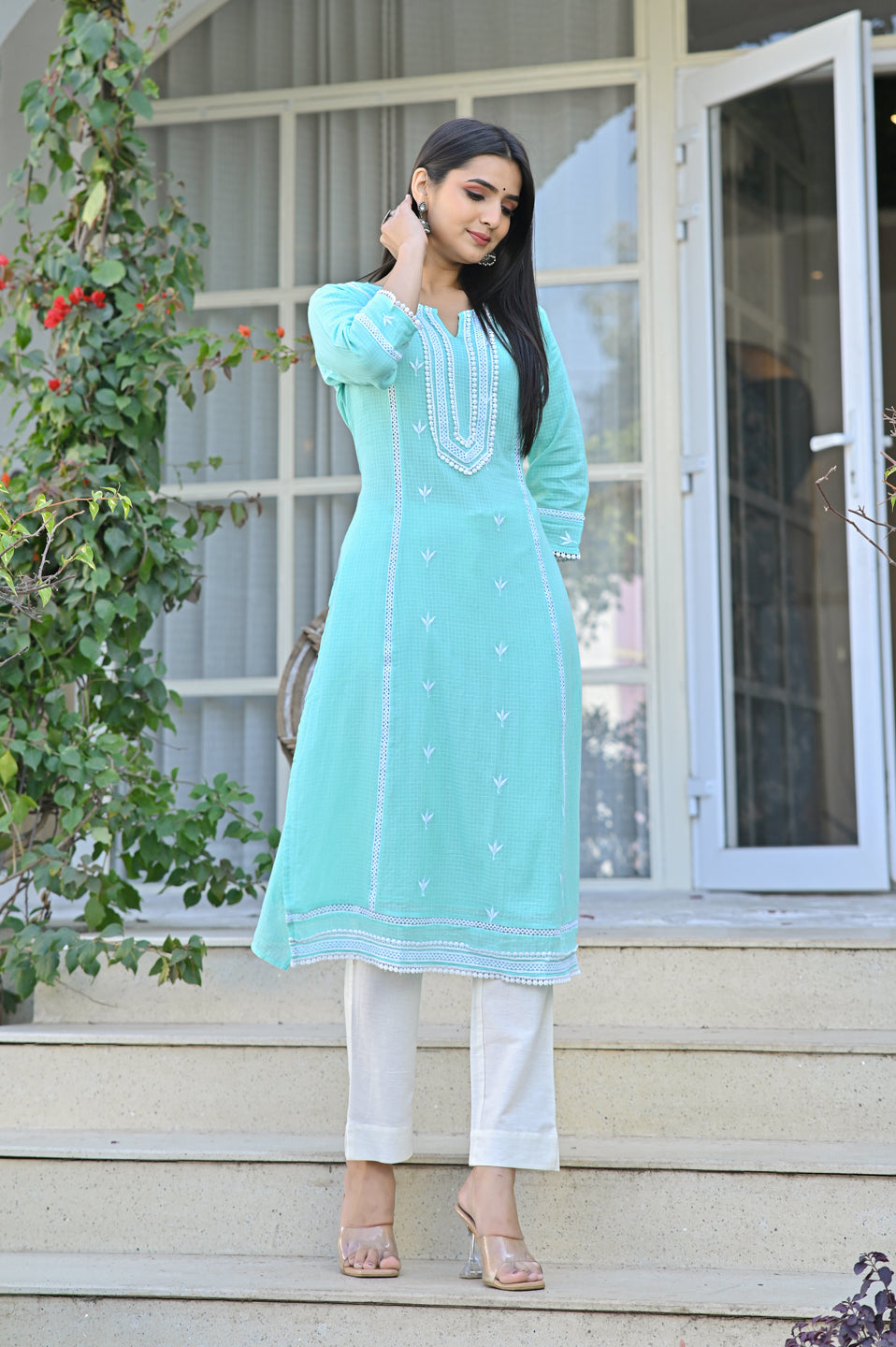 Aqua Kota Doria Embroidered Kurta