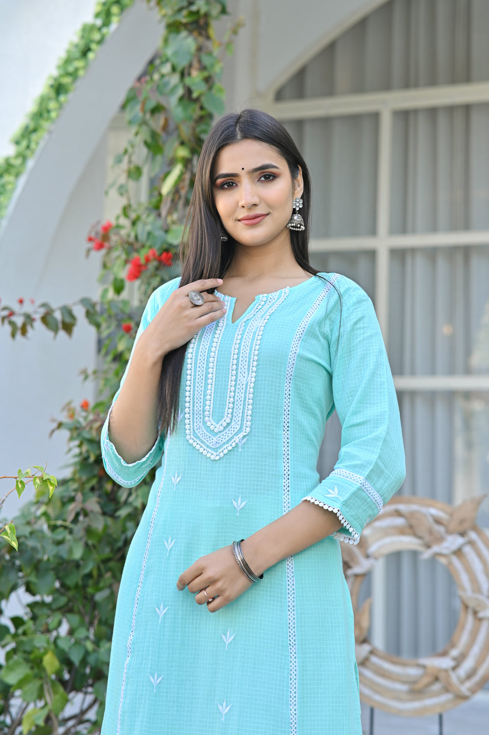 Aqua Kota Doria Embroidered Kurta
