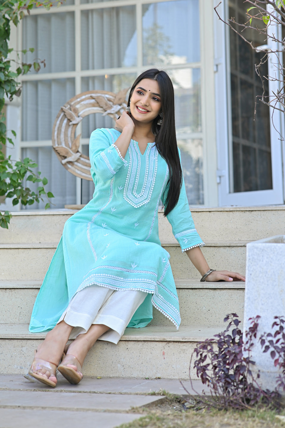 Aqua Kota Doria Embroidered Kurta