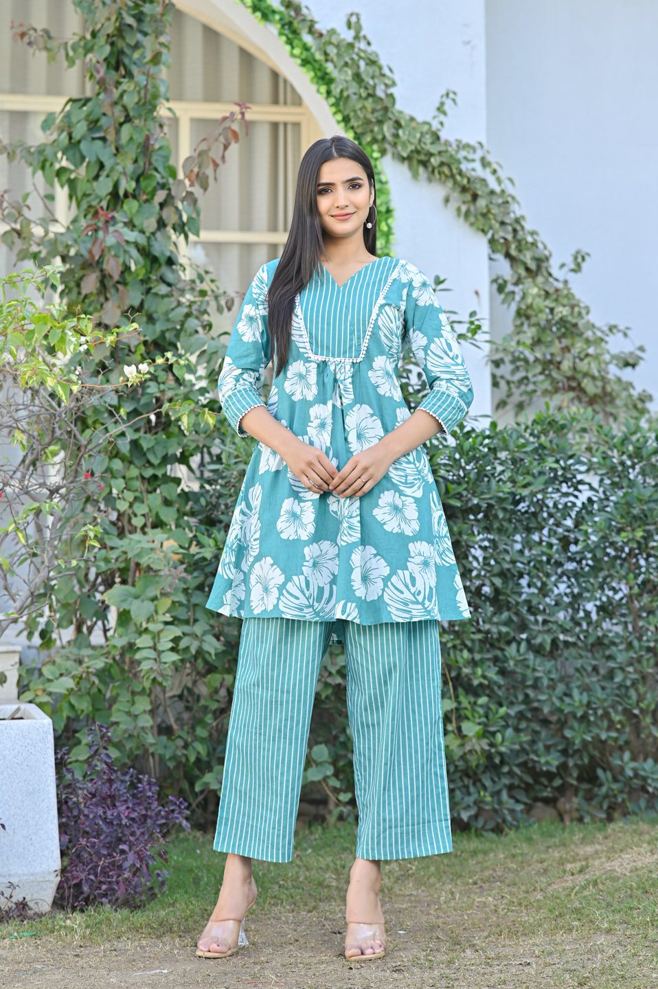 Green Floral Fusion Kurta Set