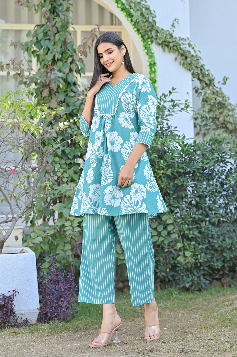 Green Floral Fusion Kurta Set