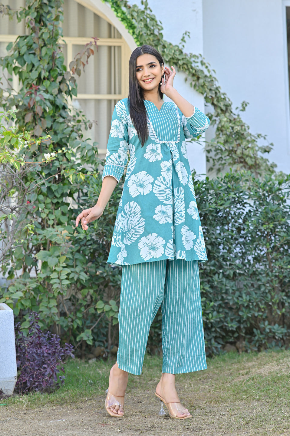 Green Floral Fusion Kurta Set