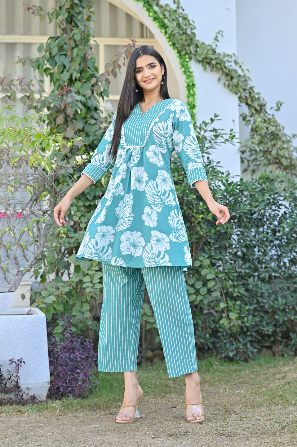 Green Floral Fusion Kurta Set