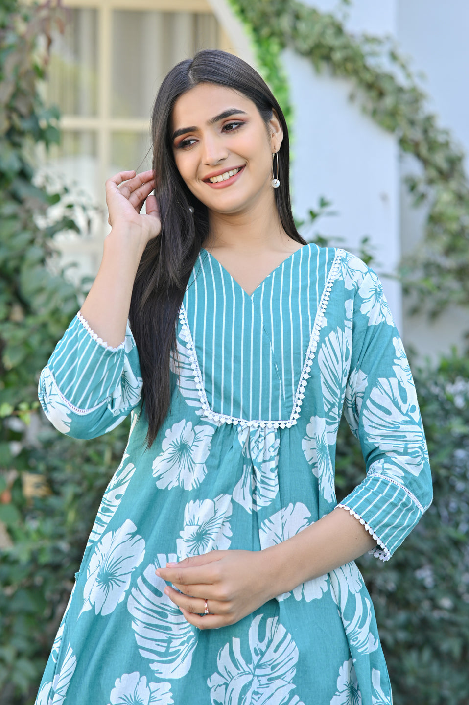 Green Floral Fusion Kurta Set