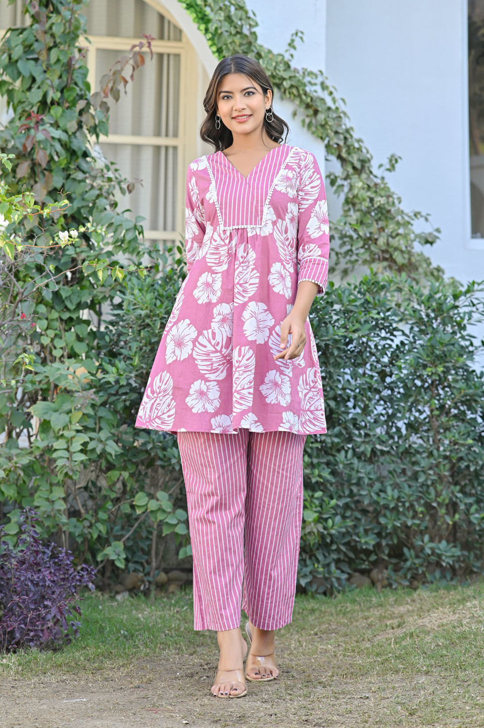 Pink Floral Fusion Kurta Set