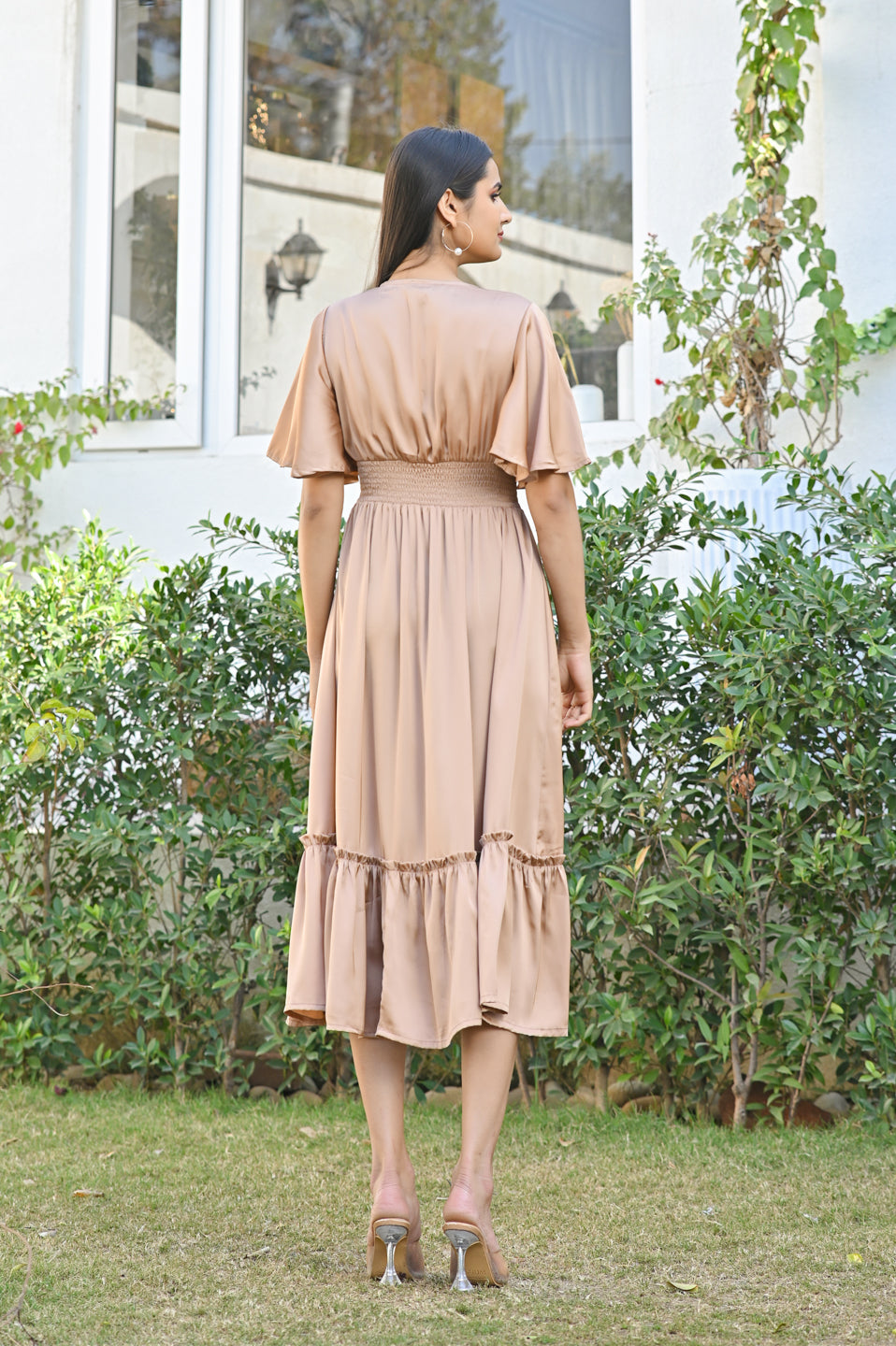 Graceful Brown Georgette Tiered Dress