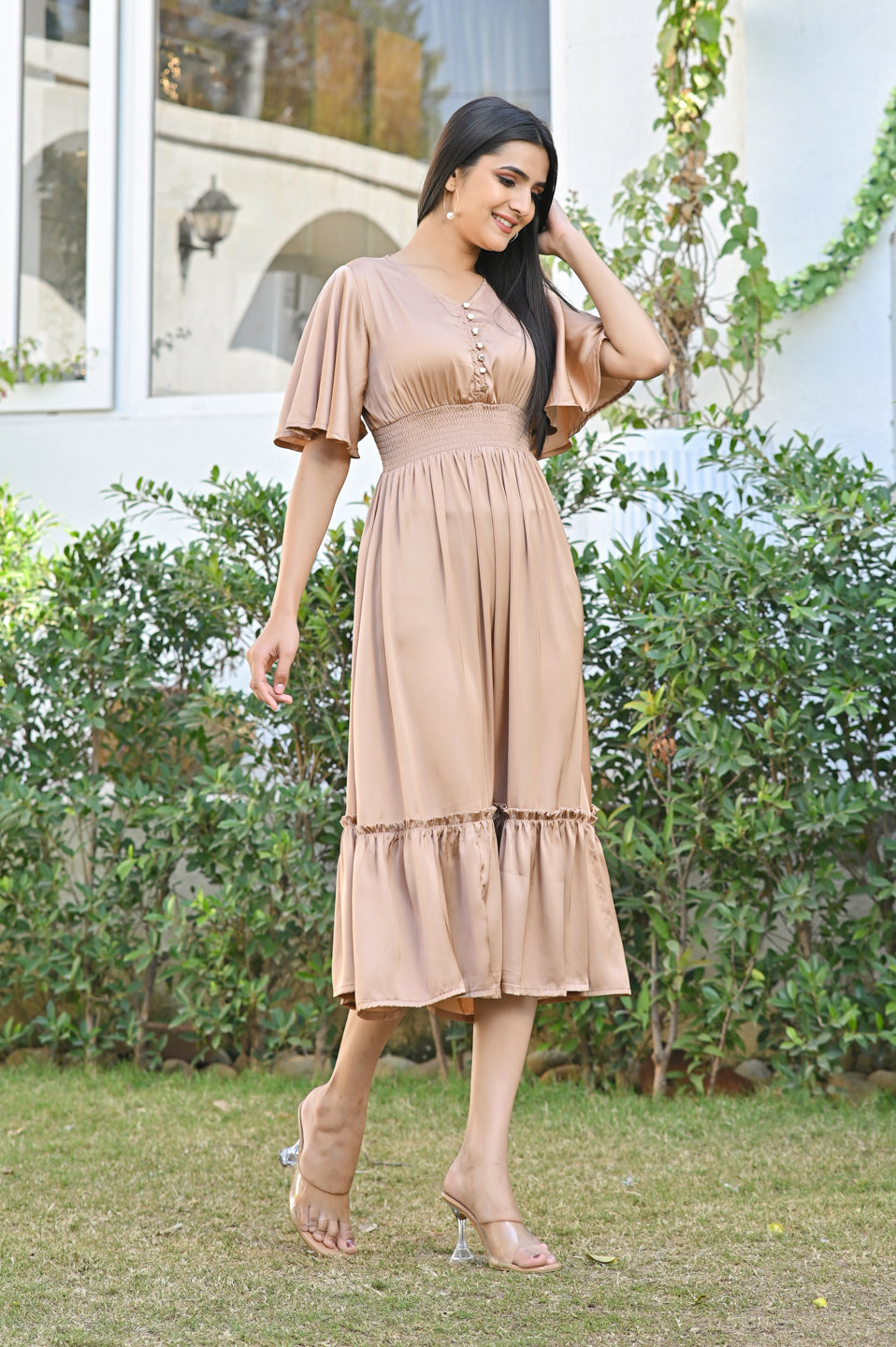 Graceful Brown Georgette Tiered Dress