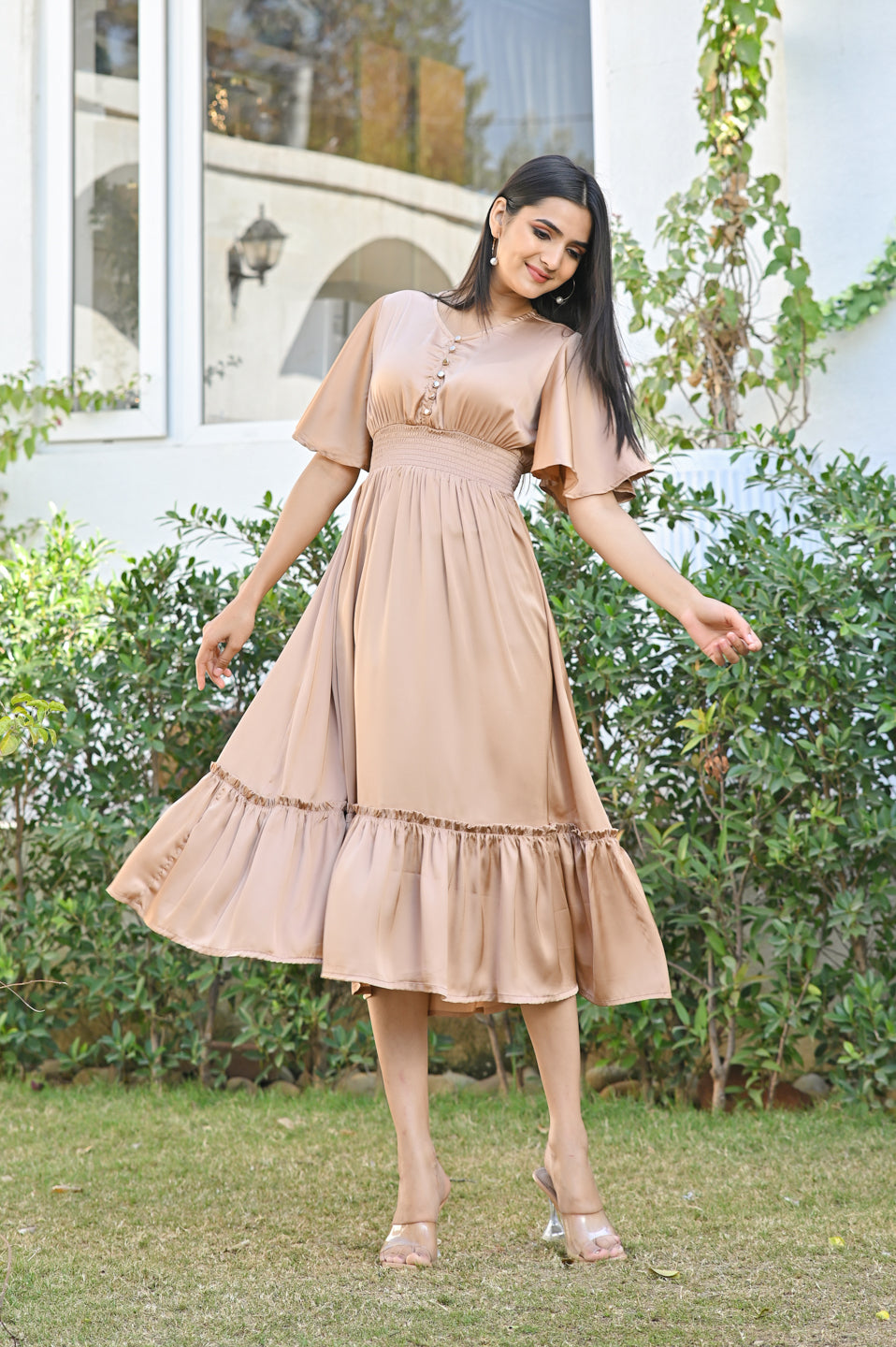 Graceful Brown Georgette Tiered Dress