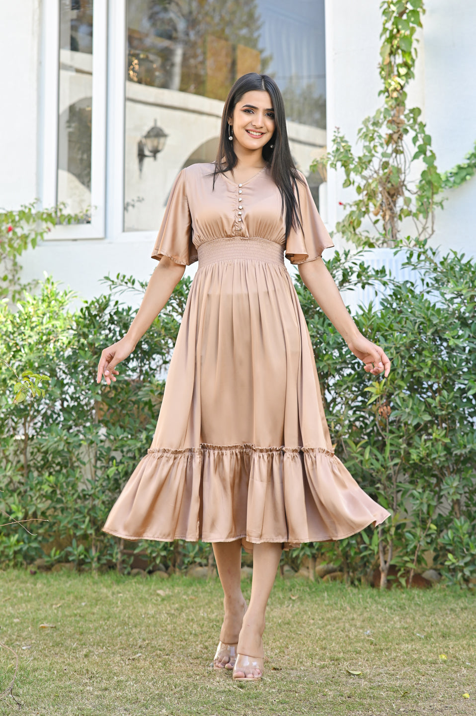 Graceful Brown Georgette Tiered Dress