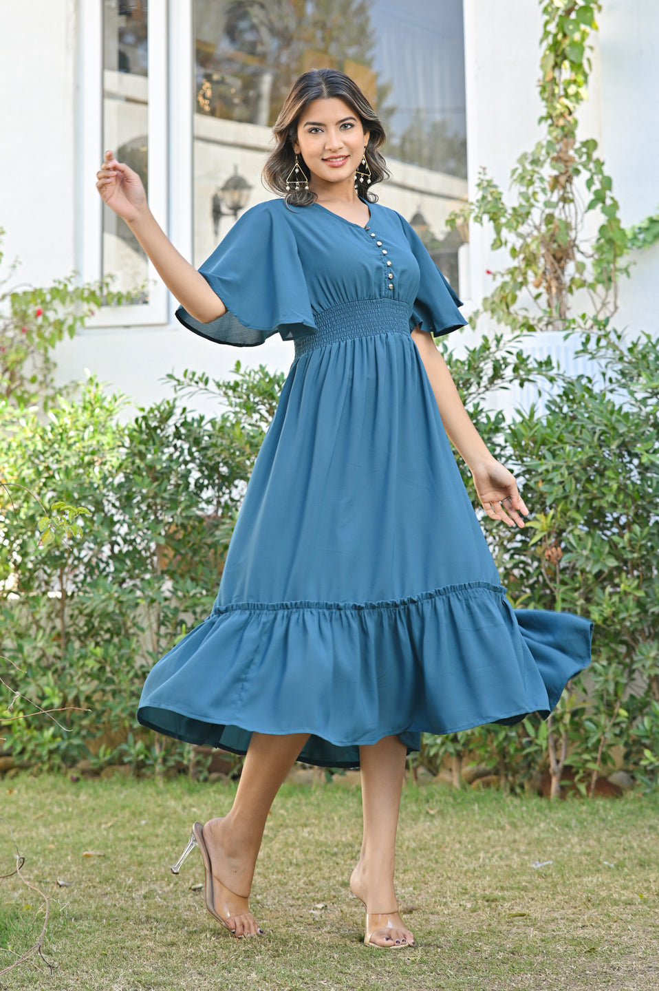 Forest Green Georgette Tiered Dress