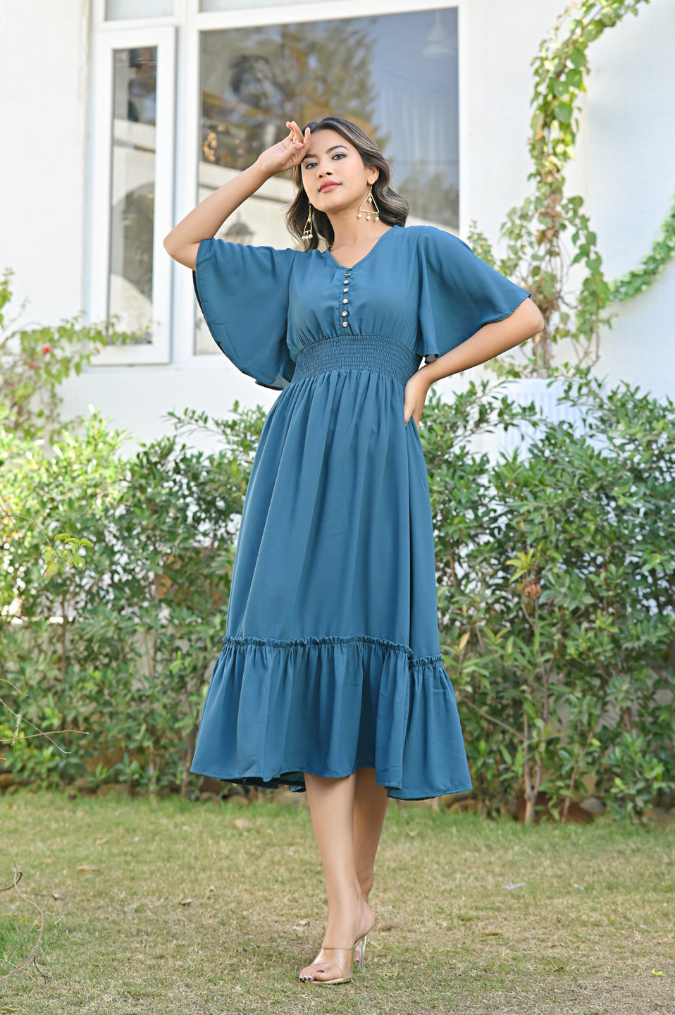 Forest Green Georgette Tiered Dress