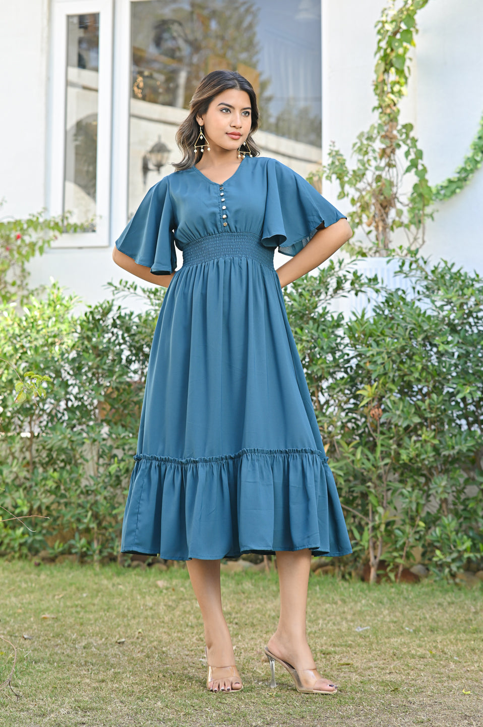Forest Green Georgette Tiered Dress