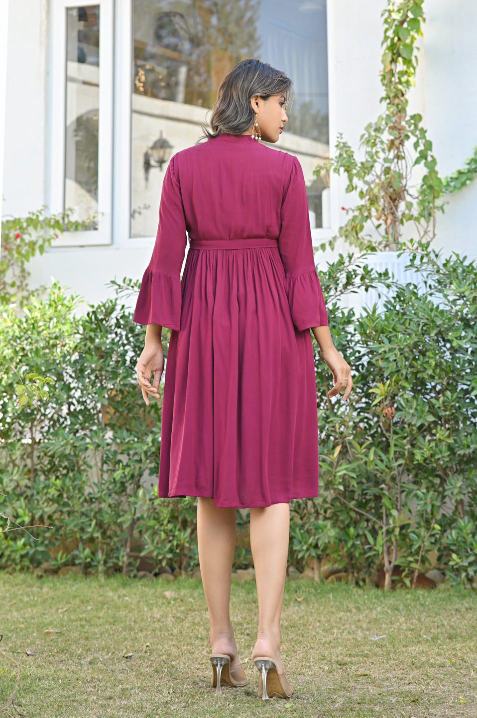 Wine Embroidered Crepe Dress