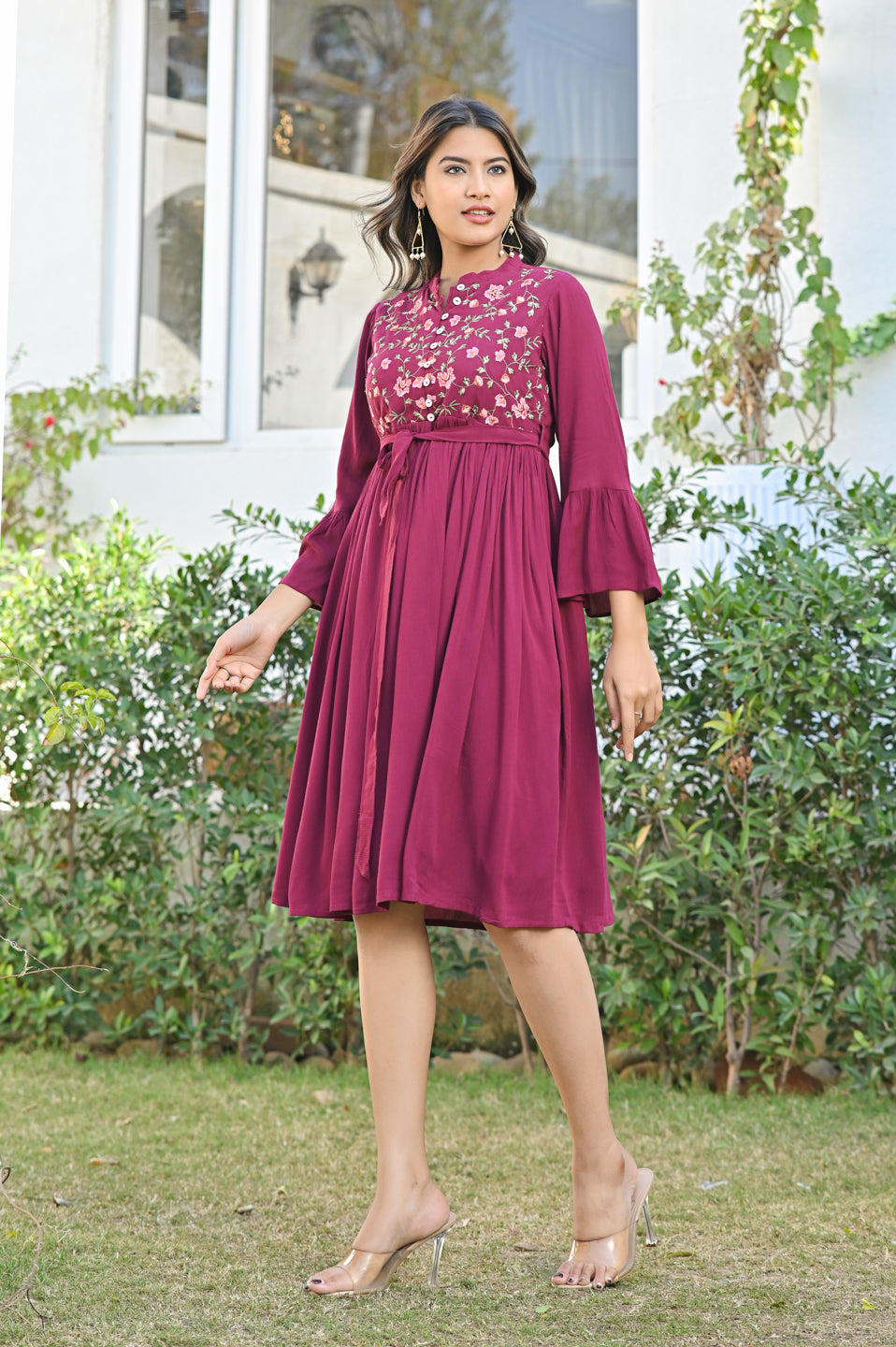 Wine Embroidered Crepe Dress